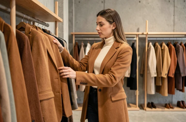 Femme parcourant un portant de vêtements tendance dans une boutique de mode moderne et minimaliste