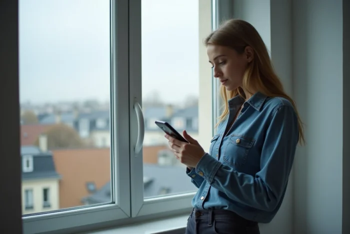 Femme consultant son smartphone avec inquiétude face aux risques juridiques du téléchargement illégal et des amendes Hadopi en 2026