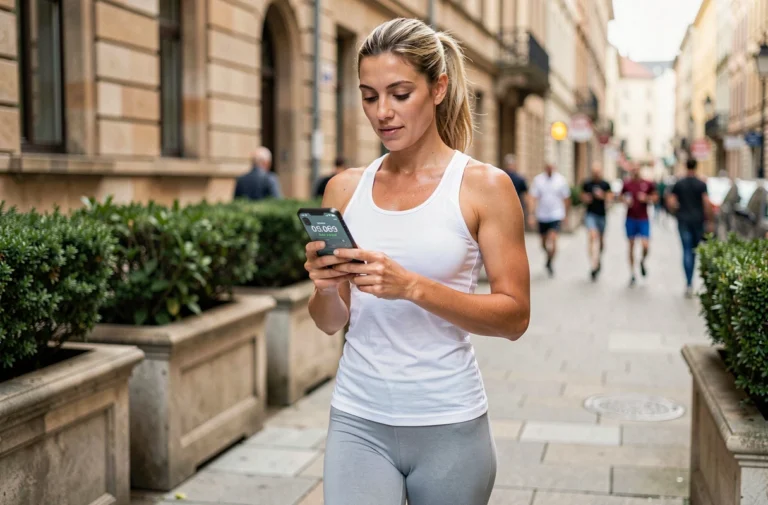 Femme sportive consultant une application de comptage de pas sur son smartphone pendant une marche en ville