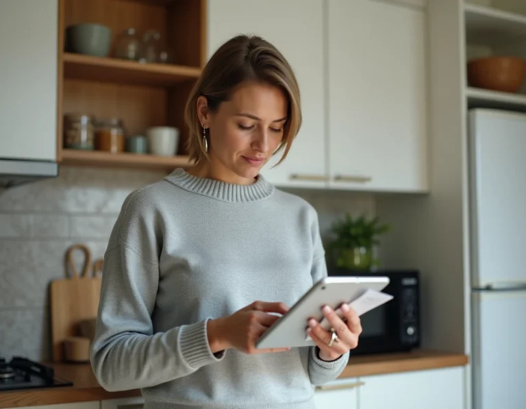 Femme consultant sa commande Carrefour en ligne sur une tablette dans sa cuisine moderne pour gérer les substitutions de produits