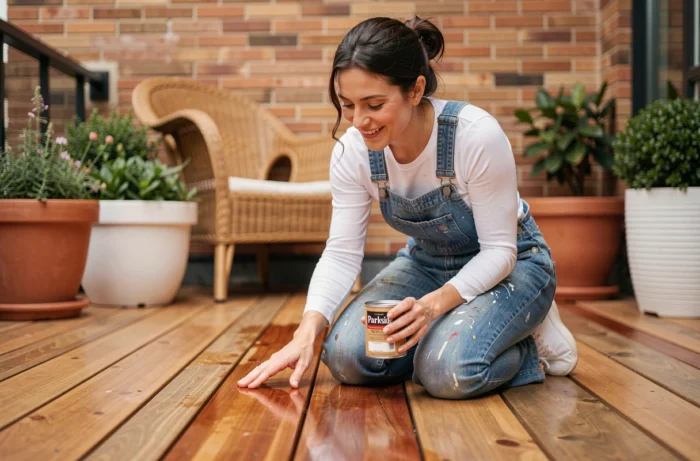 Femme inspectant une terrasse en bois traitée avec la lasure polyuréthane Parkside dans un appartement urbain