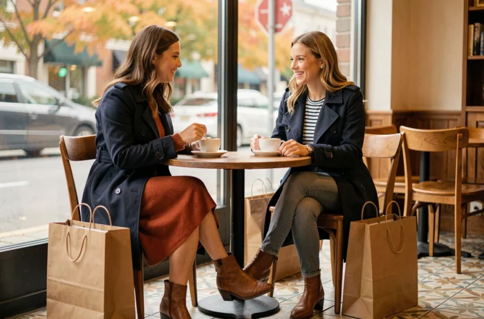 Deux femmes discutant de leurs achats mode dans un café parisien, portant des tenues tendance automnales