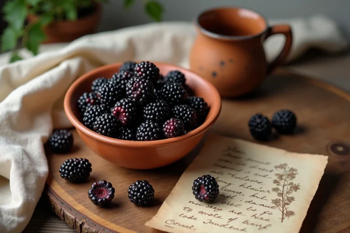Bol en terre cuite rempli de fruits de mûrier platane frais sur une table en bois rustique avec des notes botaniques