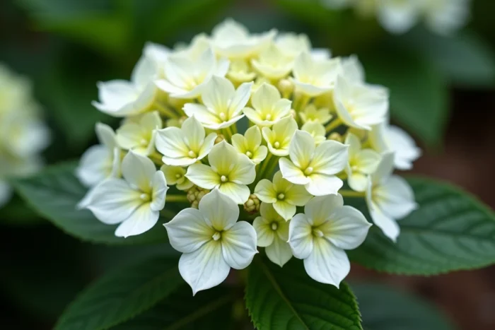 Gros plan sur des fleurs d'hortensia blanc changeant de couleur vers le vert avec détail des nervures des pétales