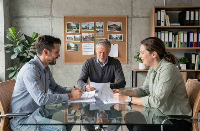 Groupe d'investisseurs immobiliers discutant de stratégies de placement autour d'une table de réunion dans un bureau contemporain