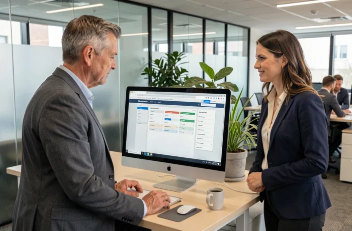 Deux collègues consultant le guide d'accès au site Nokraf sur un grand écran de bureau en open space