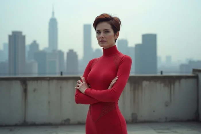 Femme aux cheveux auburn en combinaison rouge sur un toit urbain avec une posture déterminée, évoquant Helen Parr Elastigirl des Indestructibles