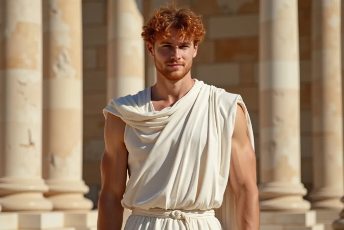 Jeune homme musclé aux cheveux auburn bouclés en chiton grec devant des colonnes de marbre antique, évoquant Hercule de Disney