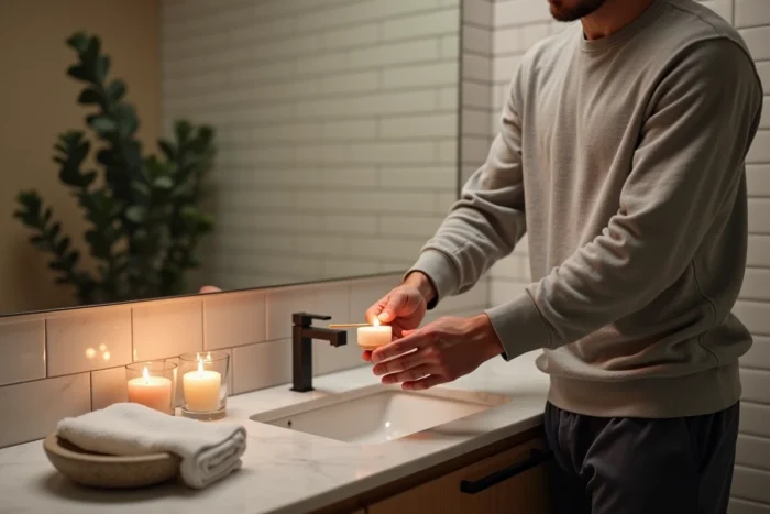 Homme allumant une troisième bougie sur un plan vasque en marbre dans une salle de bain moderne avec carrelage blanc et plante d'eucalyptus pour une atmosphère relaxante