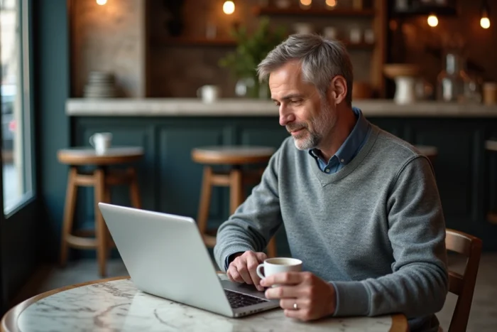Homme analysant la structure d'un plan de site web sur un ordinateur portable dans un café parisien