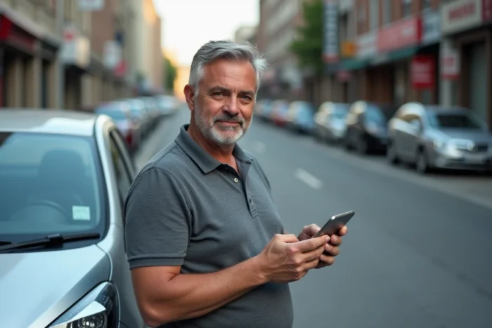 Homme consultant une application d'assurance auto sur smartphone devant sa voiture en ville
