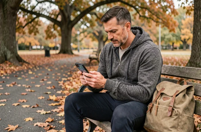 Homme assis sur un banc de parc en automne utilisant une application gratuite de compteur de pas sur son téléphone