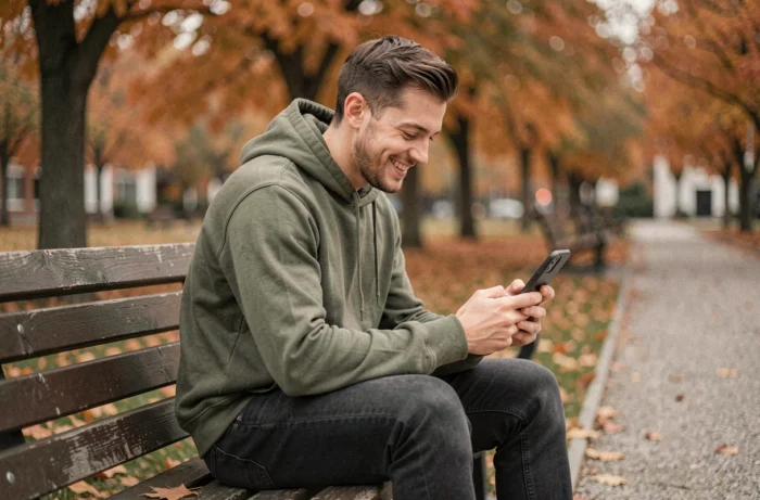 Homme souriant rédigeant sa bio Tinder sur son smartphone dans un parc en automne