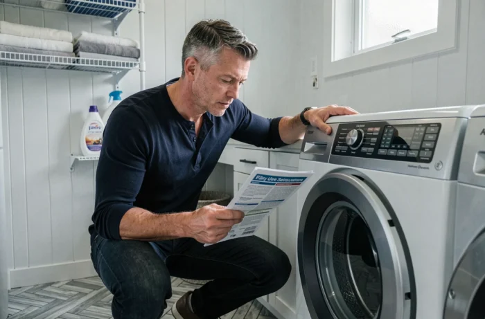 Homme comparant des équipements électroménagers dans une buanderie moderne pour choisir le meilleur équipement maison