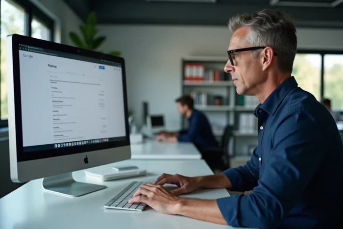 Homme configurant un compte Google sur un ordinateur de bureau au bureau