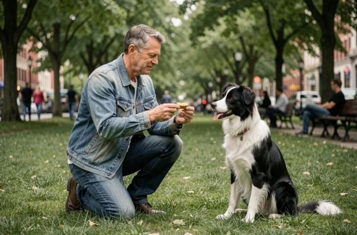 Homme en train d'éduquer son border collie avec une friandise dans un parc urbain verdoyant