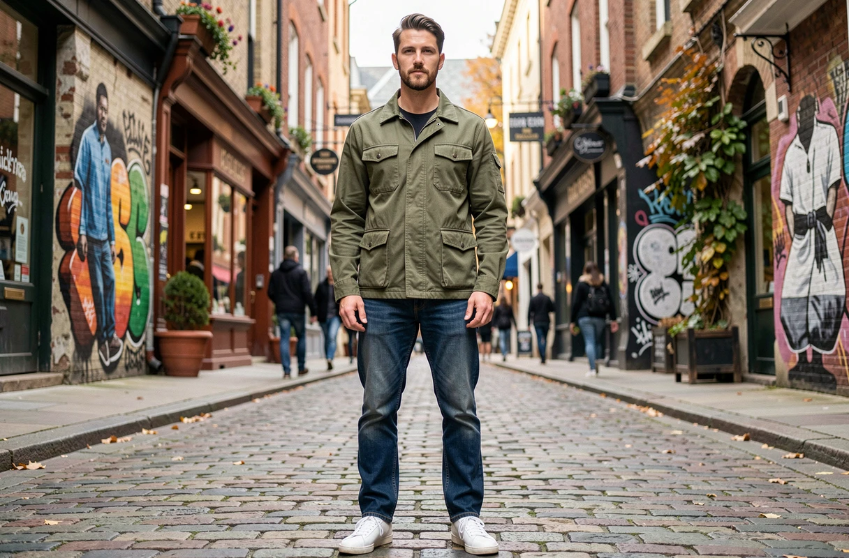Homme stylé en veste workwear olive et denim brut dans une rue tendance de la ville