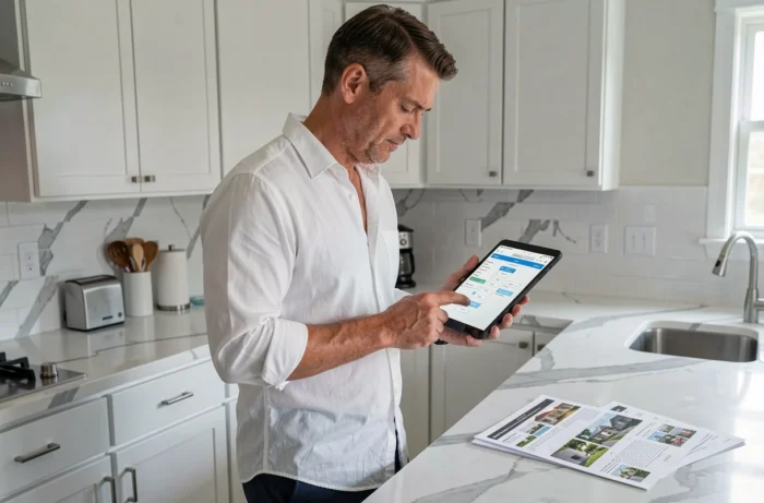 Homme naviguant sur un portail immobilier via une tablette dans une cuisine moderne