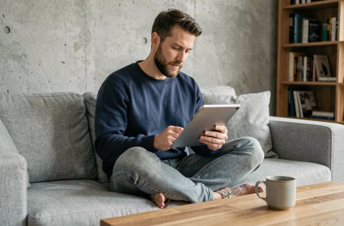 Homme parcourant le plan du site d'une boutique de mode en ligne sur une tablette dans son salon