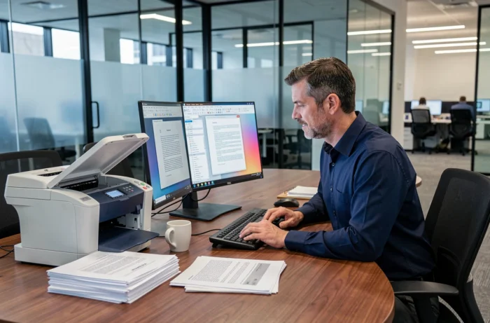 Homme d'affaires numérisant et comparant des documents sur un moniteur large avec un scanner rapide en entreprise