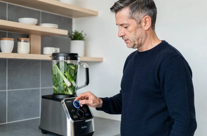 Homme utilisant un NutriBullet chauffant pour mixer une soupe verte dans une cuisine scandinave minimaliste