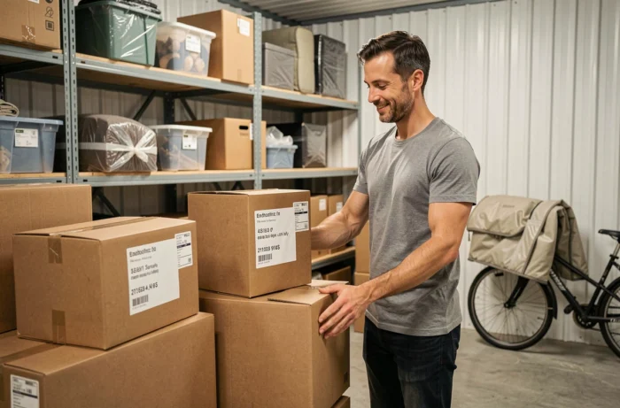 Homme rangeant des cartons dans un box de self-stockage à Pessac, organisation de déménagement