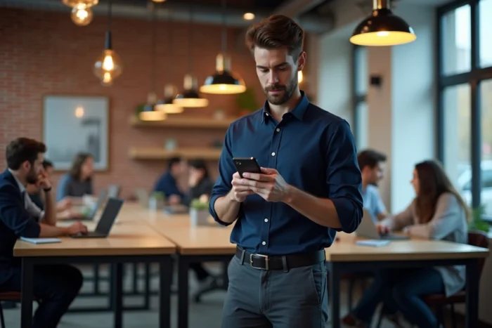 Homme consultant une application de recherche d'emploi sur smartphone dans un espace de coworking