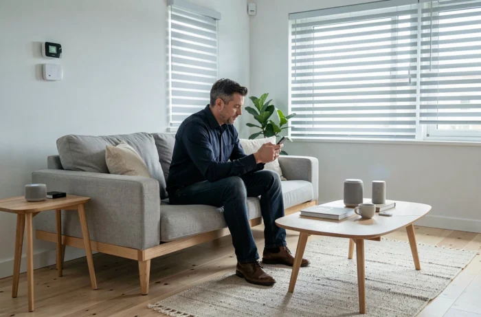 Homme contrôlant sa maison intelligente avec un smartphone dans un salon minimaliste