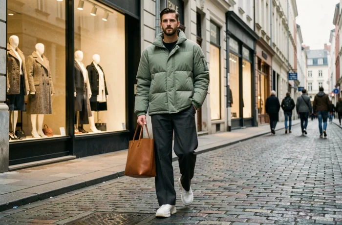 Homme stylé marchant en ville portant les tendances mode de la saison, veste puffer et pantalon large