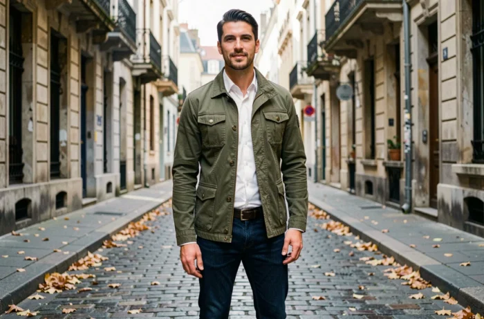 Homme en veste utilitaire olive posant dans une rue pavée européenne parmi les tendances mode automne