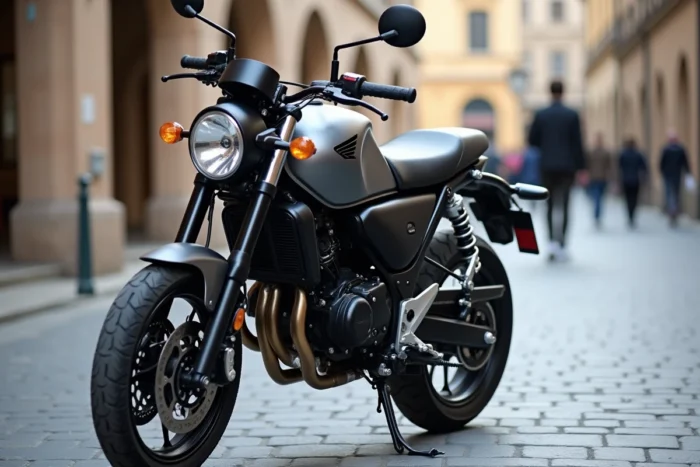 Honda CB125R noir et gris garée sur une place pavée européenne, vue de profil sur la neo-sports café