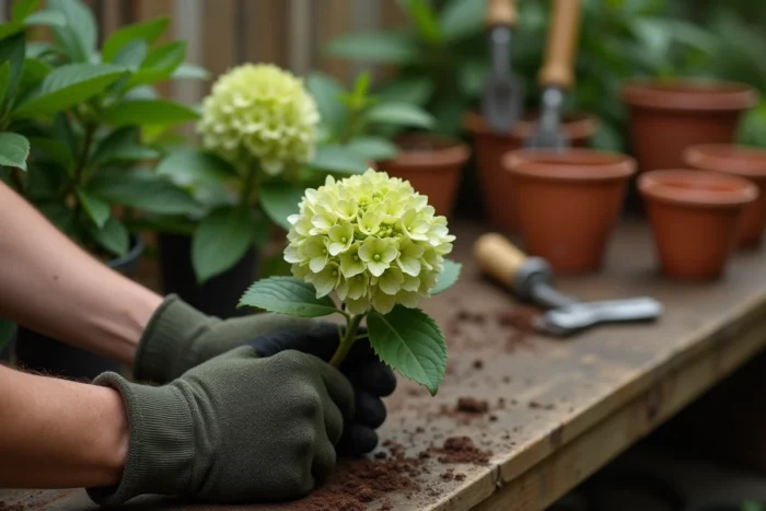 Mains gantées de jardinier tenant une tige d'hortensia aux fleurs verdissantes près d'une table de rempotage