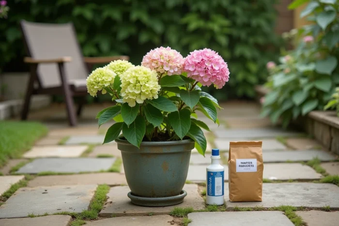 Pot d'hortensia avec fleurs qui verdissent posé sur une terrasse en pierre à côté d'un kit de test de pH du sol et d'engrais acidifiant