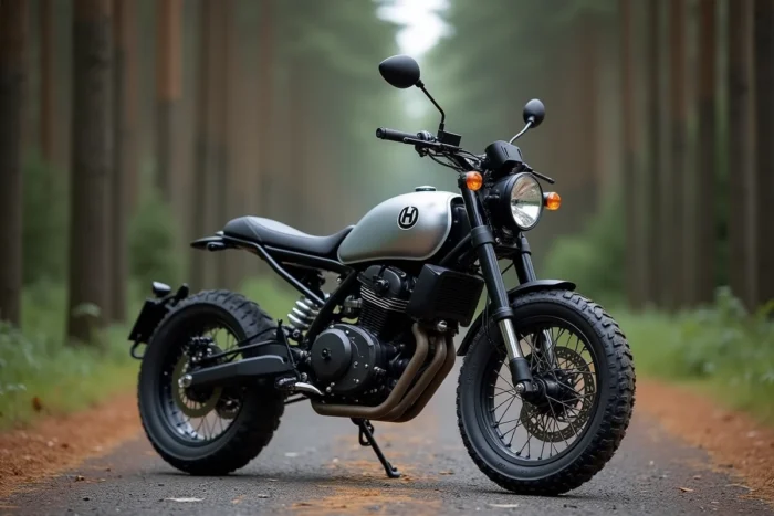 Husqvarna Svartpilen 125 argent et noir sur chemin forestier gravillon, vue 3/4 avant du scrambler minimaliste