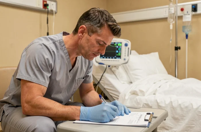 Infirmier en train d'évaluer un patient dans une chambre hospitalière, prenant des notes pour le raisonnement clinique et la prise de décision infirmière