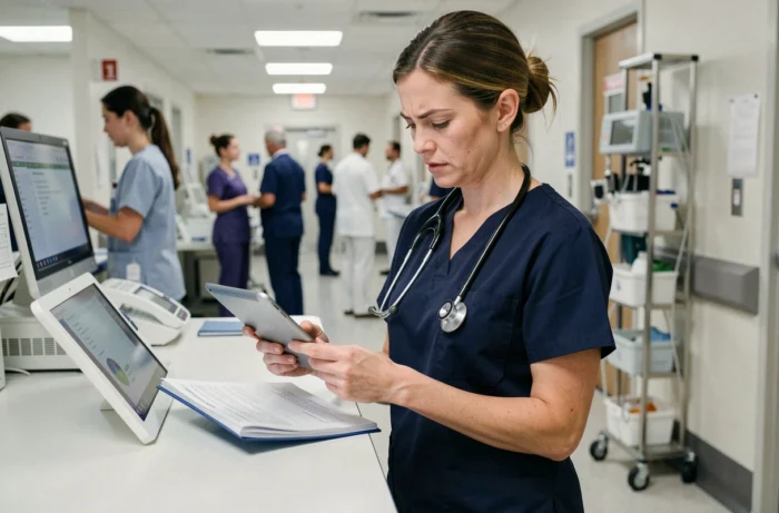 Infirmière consultant un dossier patient sur tablette numérique dans un couloir hospitalier, illustrant le raisonnement clinique infirmier