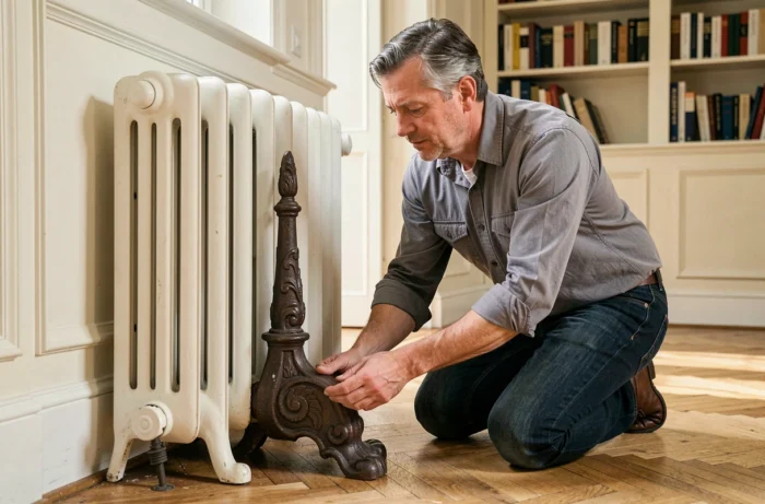 Homme installant un pied de radiateur en fonte sans percer dans un appartement haussmannien