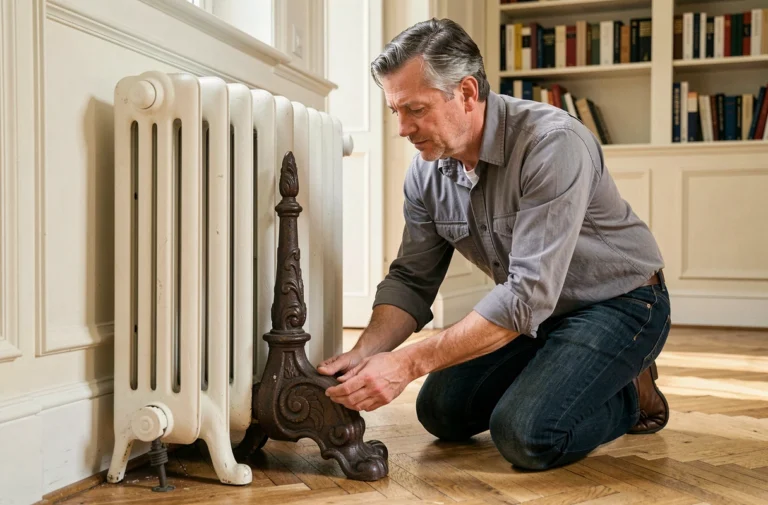 Homme installant un pied de radiateur en fonte sans percer dans un appartement haussmannien
