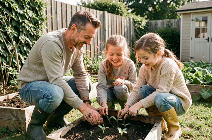 Père et ses deux filles plantant des semis dans un jardin familial, activité de jardinage ludique en plein air pour renforcer les liens