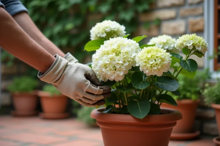Jardinière inspectant un hortensia blanc en pot dont les fleurs verdissent sur une terrasse en carrelage de terre cuite