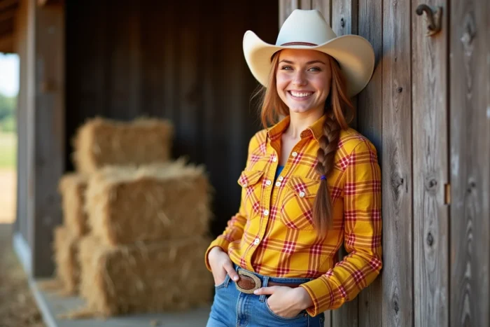 Jeune femme rousse en tenue de cowgirl avec chapeau blanc et chemise à carreaux jaunes devant une grange, évoquant Jessie de Toy Story 2