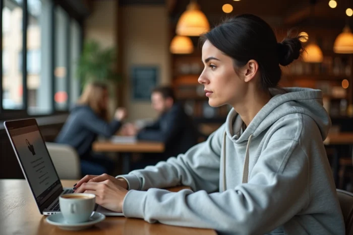 Jeune femme dans un café tentant de se reconnecter au portail académique id ac Versailles sur son ordinateur portable