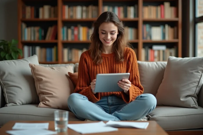 Jeune femme gérant sa boutique en ligne depuis son domicile sur une tablette numérique dans un salon confortable