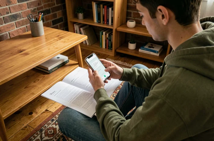 Jeune personne numérisant des documents imprimés avec une application de scan sur smartphone depuis un bureau à domicile