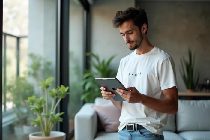 Jeune personne suivant un tutoriel pour associer un compte Google sur une tablette