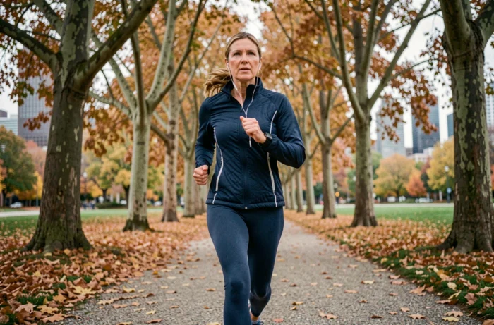 Femme faisant du jogging dans un parc urbain en automne, illustrant l'activité physique régulière comme habitude de santé