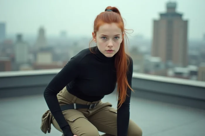 Adolescente aux cheveux auburn en queue de cheval haute portant une tenue d'action noire et kaki sur un toit urbain, évoquant Kim Possible
