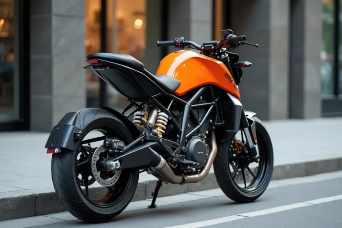 KTM 125 Duke orange et noir garée dans un environnement urbain moderne, vue 3/4 avant sur la moto naked