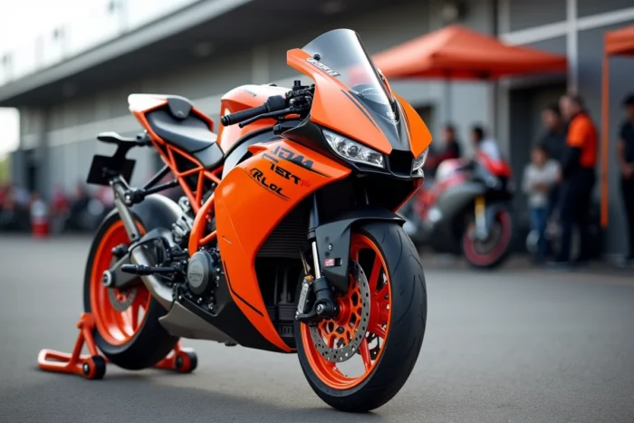 KTM RC 125 orange et noir dans un paddock de circuit, vue 3/4 avant de la réplique de course carénée