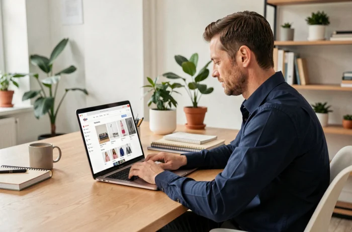 Entrepreneur consultant devant un écran affichant le lancement d'une nouvelle plateforme e-commerce Eyozi